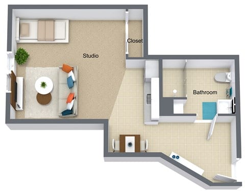 Floor plan for 1 bed, 1 bath, 416 sqft